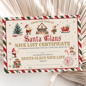 Certificado de lista de buenos deseos de Navidad, relleno de caja de Nochebuena, calcetines navideños de Papá Noel para niños y niñas, estilo bohemio, editable, imprimible, descarga Chc5