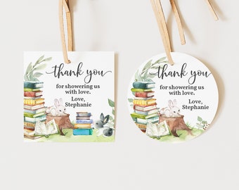 Baby Shower Favor Stickers: Storybook Theme - Greenery Bunny, Editable Bab217