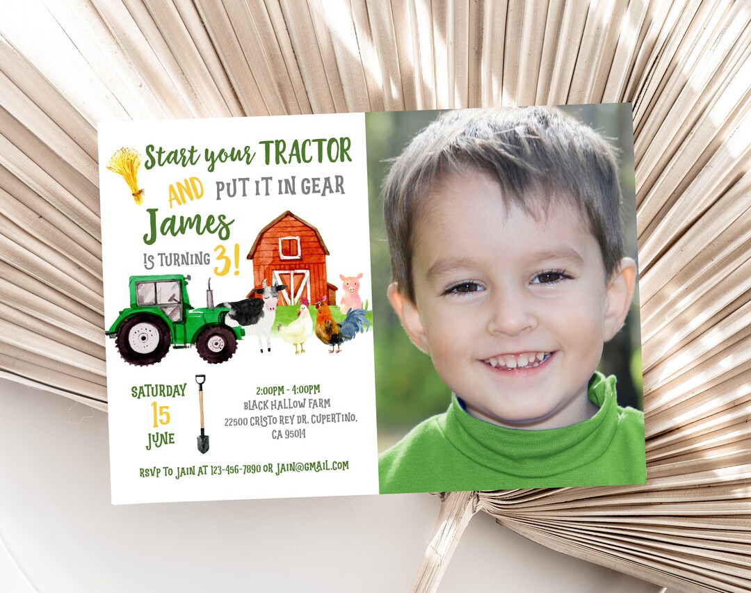 Green Tractor Birthday Invitation Tractor Invite Farm Birthday Party