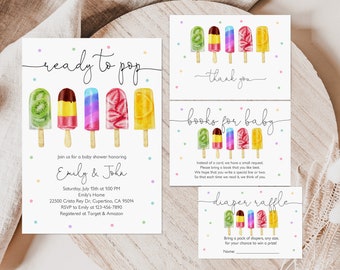 May include: A baby shower invitation with a popsicle theme. The invitation says "ready to pop" and features colorful popsicles with different fruit flavors. The invitation includes the names "Emily & John", the date and time of the shower, the address, and RSVP information. The invitation also includes a request for guests to bring a book for the baby.