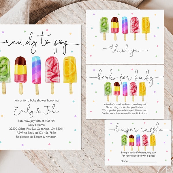 Popsicle Baby Shower Invitation set Ice cream Invite Bundle Ready to Pop Summer Gender neutral Boy Girl Editable Printable Download Bab193