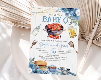 Zaproszenie na baby shower Baby-Q: grill dla par, niebieskie kwiaty (edytowalny Bab286)