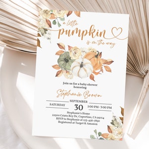 Pumpkin Baby Shower Invitation Fall Baby Shower Invitation Boho floral A little pumpkin is on the way Editable Printable Download Bab225