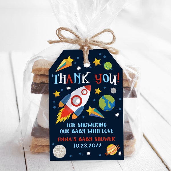 Outer Space Baby Shower Favor Tag Planets Rocket Ship Astronaut label Galaxy Blast Off Solar System Editable Download Printable Bab45