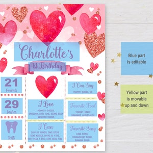 Valentines Birthday Milestone sign Red Heart Chalkboard sign Girl First Birthday Pink Rose gold Hearts Decorations Editable Printable Bir104 image 3