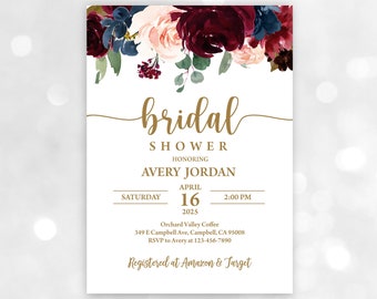 Burgundy Floral Bridal Shower Invitation - Blush Roses, Rose Gold Accent Bri23