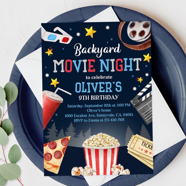 Movie Night Invitation Backyard Outdoor Birthday Party Under The Stars Concession Stand Sleepover Invite Editable Printable Download Bir239