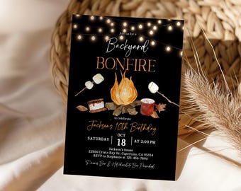 Invito di compleanno rustico con falò - Barbecue autunnale, S'mores e intaglio di zucche Bir515
