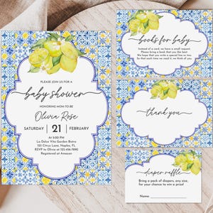 Italian Lemon Blue Tiles Baby Shower Invitation Set Mediterranean Blue Tiles Baby Shower Invite Positano lemon Editable Printable Bab303