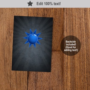 May include: A blue bowling ball with a starburst design on a dark gray background. The text "Backside included! (Good for adding text!)" is on a white circle.