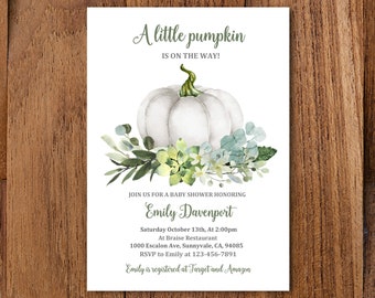 Pumpkin Baby Shower Invitation, Fall Foliage, Gender Neutral (Digital Bab41)