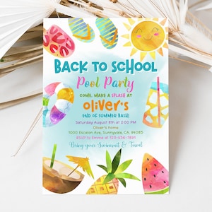 May include: A rectangular invitation card featuring watercolor illustrations of a sun, flip-flops, a pool float, a drink, a coconut, a pineapple, and a watermelon slice. The text reads Back to School Pool Party, Oliver's, and event details.