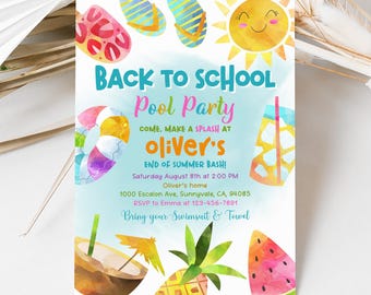 Invitación para fiesta en la piscina de regreso a clases - Editable e imprimible BsI3