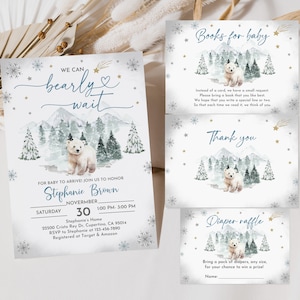 Conjunto de convites para chá de bebê do Urso Polar Winter Wonderland, conjunto de convites para chá de bebê Little Cub, gênero neutro, editável, para impressão, download Bab229