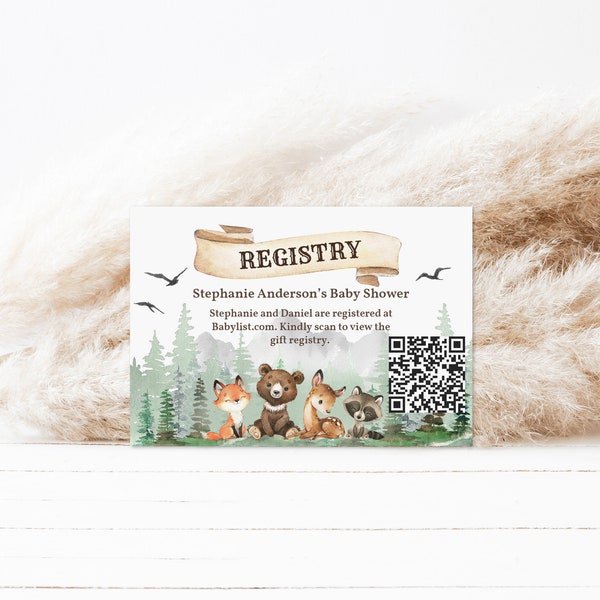 Let the Adventure Begin Baby Shower Gift Registry Card Pine Tree Woodland animals Forest Mountain Gifts for baby Editable Printable Bab194