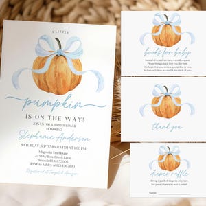 Little Pumpkin Baby Shower Invitation Bundle, Blue Bow Pumpkin Baby Shower Invite, Editable Fall Orange Pumpkin Invitation Boy Bab390