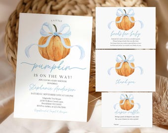May include: Baby shower invitation and cards featuring a watercolor pumpkin with a blue bow. The invitation includes event details and the text "pumpkin is on the way!" Cards say "books for baby", "thank you", and "diaper raffle".