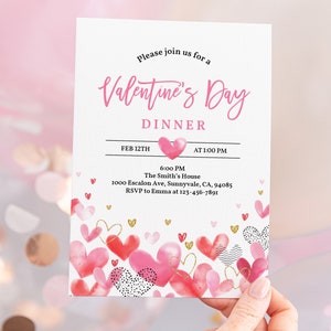 Valentines day Invitation pink and red hearts Invite Any event Valentine's day Dinner Invite Brunch party Editable Printable Download VaI5