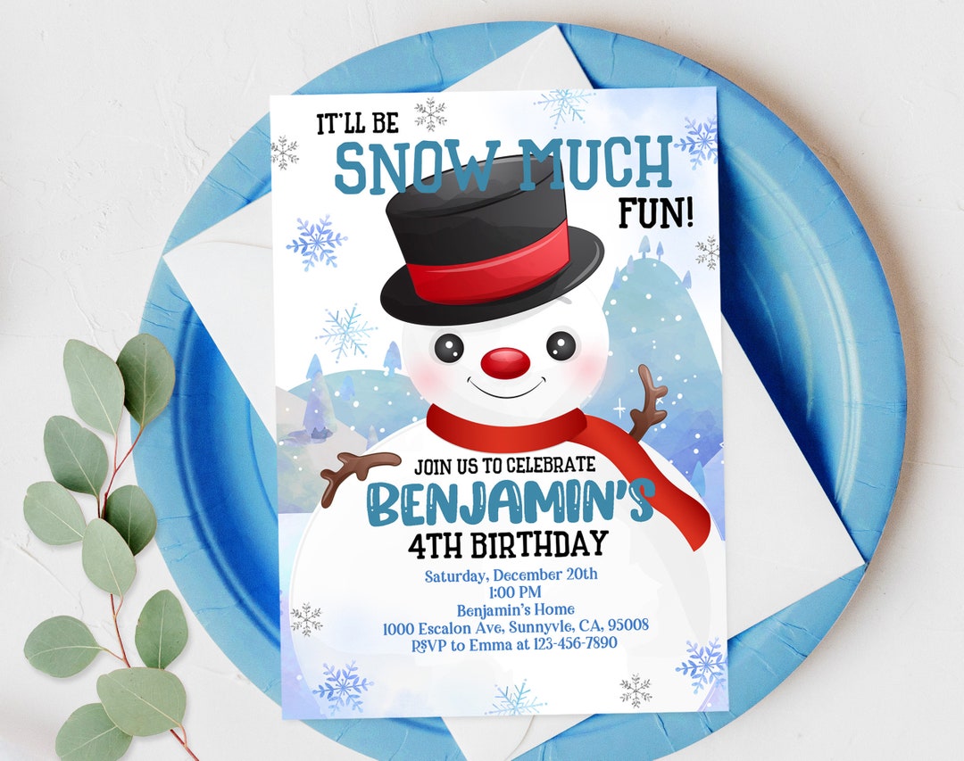Snowman Invitation Birthday Party Invites Christmas Winter Holiday Snow Boy Girl Snowball ...