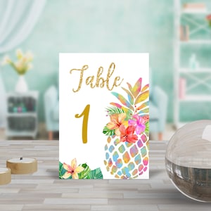 Número de mesa de abacaxi 5 x 7 pol, 4 x 6 pol Baixar Número de mesa de jantar de casamento de chá de bebê de aniversário tropical editável Bir130 Bab38