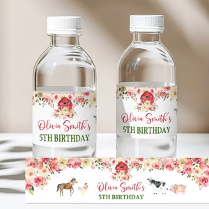 Farm Water bottle Labels Farm Birthday Water bottle wrapper Sticker Girl Pink Floral Label Barnyard Editable Printable Download Bir33
