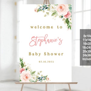 Letrero de bienvenida para baby shower con flores en color rosa ruborizado, póster de bienvenida para baby shower de niña, decoración floral bohemia para niña, editable, imprimible, descarga Bab158