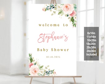 May include: Welcome to Stephanie's Baby Shower sign with pink and white flowers and gold glitter. The sign is available in 8x10in, 11x14in, 16x20in, 18x24in, 20x30in, 24x36in.