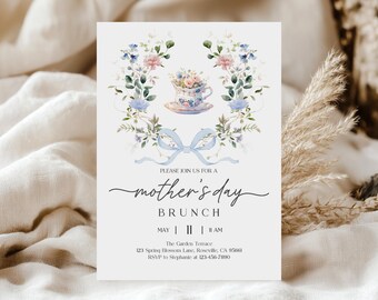 Mother's Day Brunch Invitation, Pastel Floral Bow (Digital Printable)