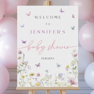 Cartello di benvenuto per baby shower con farfalle rosa e viola, ragazza con fiori di campo, poster di benvenuto modificabile, decorazione per baby shower, stampabile Bab316