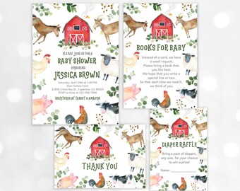 Farm baby shower invitation set  Gender neutral invitation suite  EDITABLE, Download  Bab79