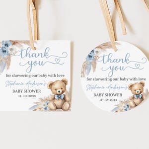 Étiquette de faveurs de douche de bébé ours pampa bleue modifiable étiquette de remerciement de douche de bébé ours bohème Stickers imprimables ours cadeau étiquettes étiquette de faveur Bab277