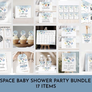 May include: A space-themed baby shower party bundle with 17 printable items. The bundle includes a welcome sign, thank you tags, cupcake toppers, a game bundle, and more. The design features a blue and white color scheme with stars, planets, and rockets.