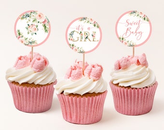 Blush Pink Baby Shower Cupcake Toppers, Floral Boho (Printable, 2in Circles)