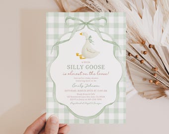 Invitación para baby shower: Ganso y ganso divertidos - Género neutro, editable Bab413