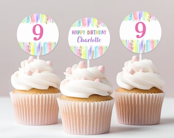 Cupcake Toppers: Art Birthday Party Printables (Editable, Pastel Rainbow Bir254)