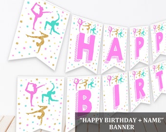 Gymnastics Birthday Banner: Editable Girls Tumbling Party Decor Bir326