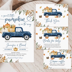 Little Pumpkin Baby Shower Invitation Set Blue Truck Fall Shower Invite Pack Boy Autumn Boho Rustic Editable Printable Download Bab169