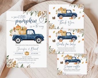 Little Pumpkin Baby Shower Invitation Set Blue Truck Fall Shower Invite Pack Boy Autumn Boho Rustic Editable Printable Download Bab169
