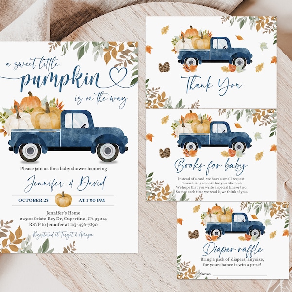 Little Pumpkin Baby Shower Invitation Set Blue Truck Fall Shower Invite Pack Boy Autumn Boho Rustic Editable Printable Download Bab169