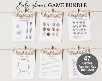 Bosdieren babyshower spelletjes, bewerkbaar en printbaar (lichtroze, bosdieren Bab149)