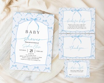 Pastel Blue Bow Baby Shower Invitation Set: Editable, Printable Bab310