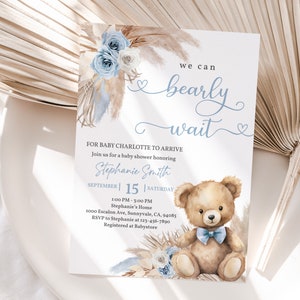 Invito per baby shower con orsetto di peluche Possiamo aspettare a lungo Invito Boho Boho Blu Pampas Grass Modello orsetto di peluche Ragazzo Stampabile Digitale Bab277
