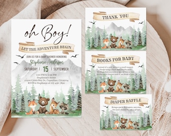 May include: A set of printable baby shower invitations with a woodland theme. The invitations feature a mountain range, green trees, and a group of woodland animals including a fox, bear, deer, and raccoon. The text on the invitations reads "Oh Boy! Let the Adventure Begin" and includes details about the baby shower, such as the date, time, and location.