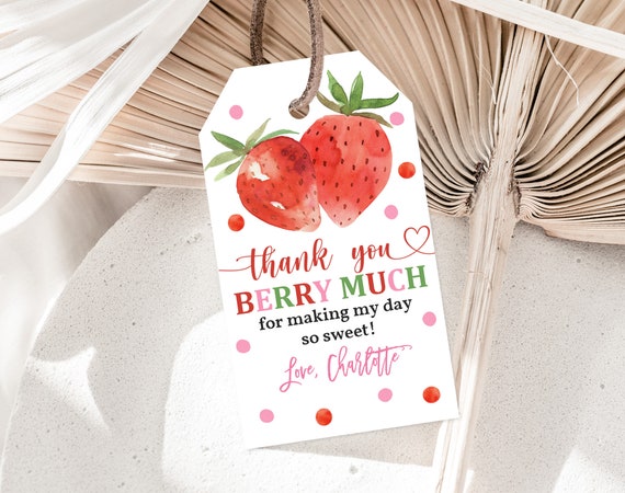 Strawberry Birthday Party Thank You Tags, Printable Thank You Tags