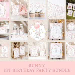 May include: A selection of pink and white party decorations with a bunny theme. Includes invitations, cupcake toppers, banners, and signs. The text "BUNNY 1ST BIRTHDAY PARTY BUNDLE" is displayed at the bottom.