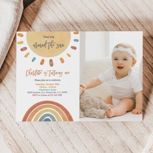 May include: A colorful invitation for a first birthday party with a sun and rainbow design. The text reads "First trip around the sun. Charlotte is turning one. Please join us to celebrate Saturday, October 20th 2:00pm 6:00pm Charlotte's home 1000 Escalon Ave, Sunnyvale, CA, 94085 RSVP to Emma at 123-456-7501".