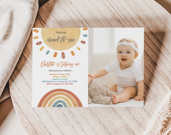 Sunshine Rainbow Birthday Invite - Boho Style Editable Photo Bir298