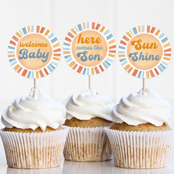 Sunshine Baby Shower Cupcake Toppers Here Come The Son Retro Boy Blue Yellow Sunshine Baby Shower Decor Editable Printable Download Bab196