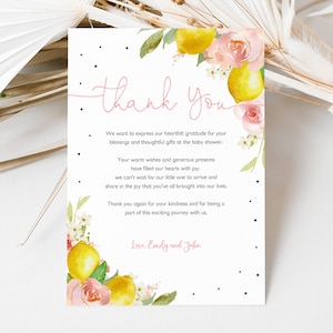 Bedankkaartje: Citroen Citrus Babyshower (Roze Bloemen, Bewerkbaar Bab189) afbeelding 1