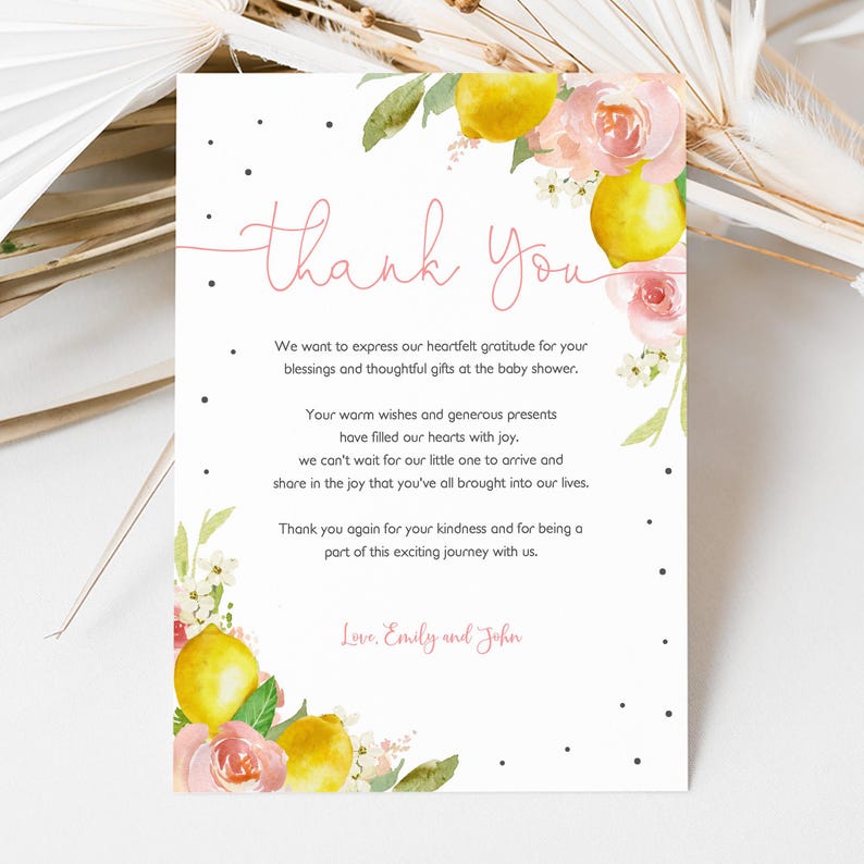 Bedankkaartje: Citroen Citrus Babyshower (Roze Bloemen, Bewerkbaar Bab189) afbeelding 1
